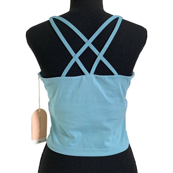 Blogilates Womens Cameo Blue Spaghetti Strap Cropped Tank Top w/ Crisscross Back - Picture 4 of 14